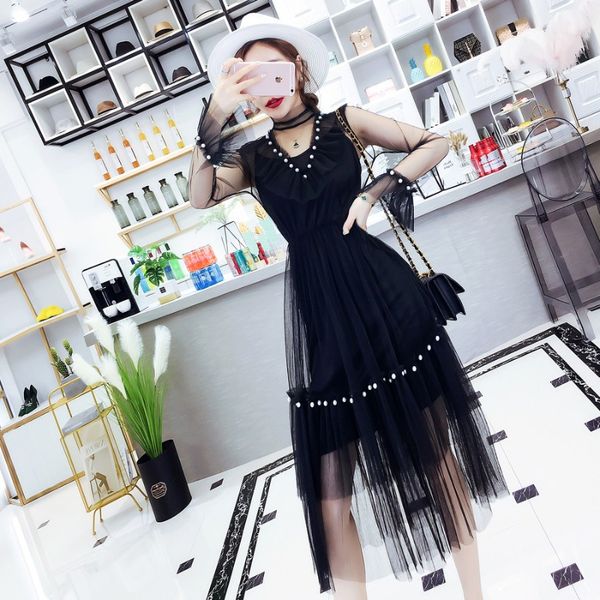2020 new celebrity elegant long-sleeved v-neck beaded waist slimming mesh sling midi dress for women, White;black
2020 new celebrity elegant long-sleeved v-neck beaded waist slimming mesh sling midi dress for women, White;black