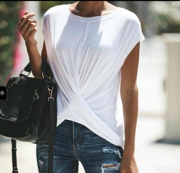 summer solid color casual tshirts loose breathable women clothes female cross draped designer tees, White
summer solid color casual tshirts loose breathable women clothes female cross draped designer tees, White