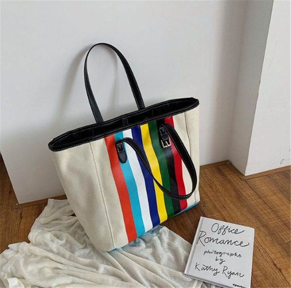 

Rainbow Stripe Canvas Bag Tote Bag Large Capacity Handbag PH-CFY2003193//