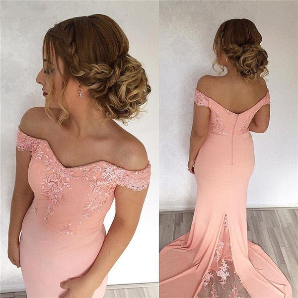 pink elegant dresses prom gown appliques short sleevs elastic satin formal occasion off shoulder mermaid evening dress, Black
pink elegant dresses prom gown appliques short sleevs elastic satin formal occasion off shoulder mermaid evening dress, Black