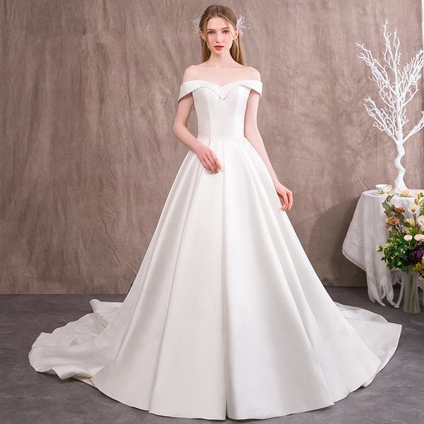 short sleeves satin beach wedding dresses off shoulder 2020 sweep train bridal gowns high waist bride dress, White
short sleeves satin beach wedding dresses off shoulder 2020 sweep train bridal gowns high waist bride dress, White