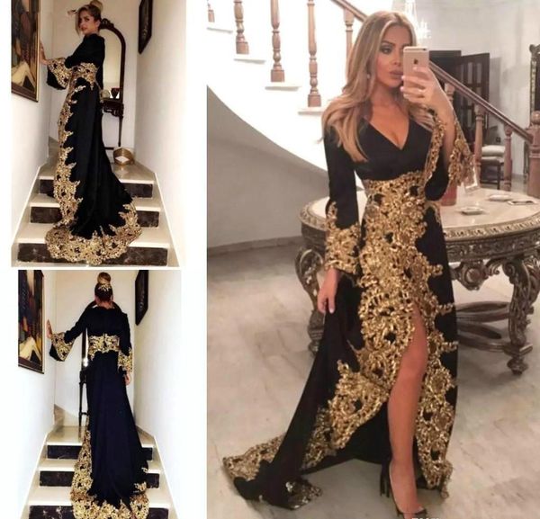 sparkly gold lace evening robe dresses 2020 black long sleeve high slit shiny applique holiday wear prom party dress, Black;red
sparkly gold lace evening robe dresses 2020 black long sleeve high slit shiny applique holiday wear prom party dress, Black;red