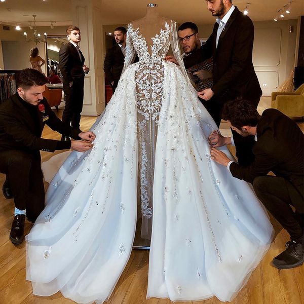 gorgeous beaded overskirt wedding dresses sheer deep v neck a line 3d appliqued long sleeves bridal gowns sequined tulle robe de mariée, White
gorgeous beaded overskirt wedding dresses sheer deep v neck a line 3d appliqued long sleeves bridal gowns sequined tulle robe de mariée, White