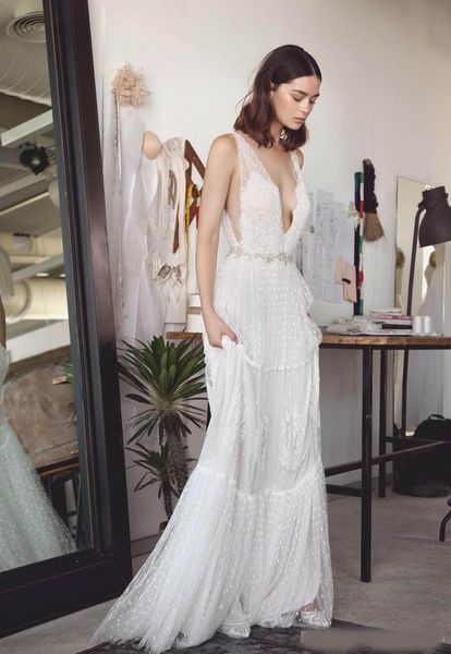 2020 lihi hod bohemian lace wedding dresses deep v neck a line backless beach wedding dress sweep train tulle boho bridal gowns, White
2020 lihi hod bohemian lace wedding dresses deep v neck a line backless beach wedding dress sweep train tulle boho bridal gowns, White