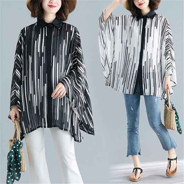 

big size summer women fashion elegant stripe print lady female plus large batwing sleeve chiffon loose sheer blouse shirt, White