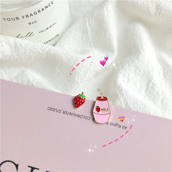 

korean fashion asymmetric strawberry milk clip on earring daily funny non pierced earrings, Silver