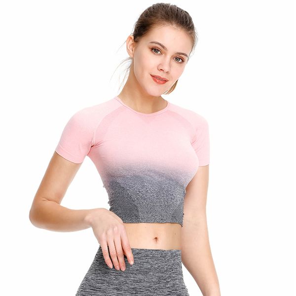 2019 summer women's yoga gym seamless gradient fashion high elastic sports short sleeve t-shirt, White;red
2019 summer women's yoga gym seamless gradient fashion high elastic sports short sleeve t-shirt, White;red