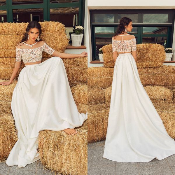 floral a line wedding dresses lace appliques jewel sheer 1/2 long sleeve wedding gown beach custom made sweep train robes de mariée, White
floral a line wedding dresses lace appliques jewel sheer 1/2 long sleeve wedding gown beach custom made sweep train robes de mariée, White