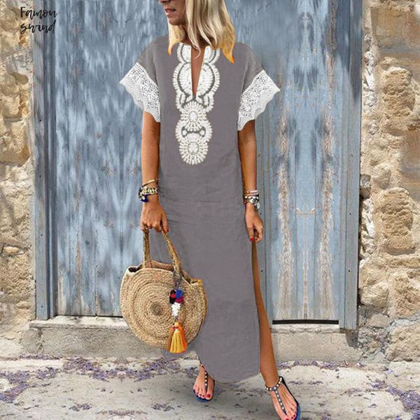 maxi long dress 2019 summer vintage v neck short sleeve bohemian party lace patchwork split vestidos plus size, Black;gray 
maxi long dress 2019 summer vintage v neck short sleeve bohemian party lace patchwork split vestidos plus size, Black;gray