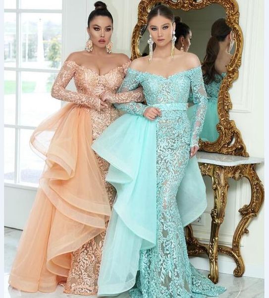 unique arabic dubai lace prom dresses mermaid off the shoulder long sleeves overskirts formal evening gowns detachable train girls party, Black
unique arabic dubai lace prom dresses mermaid off the shoulder long sleeves overskirts formal evening gowns detachable train girls party, Black
