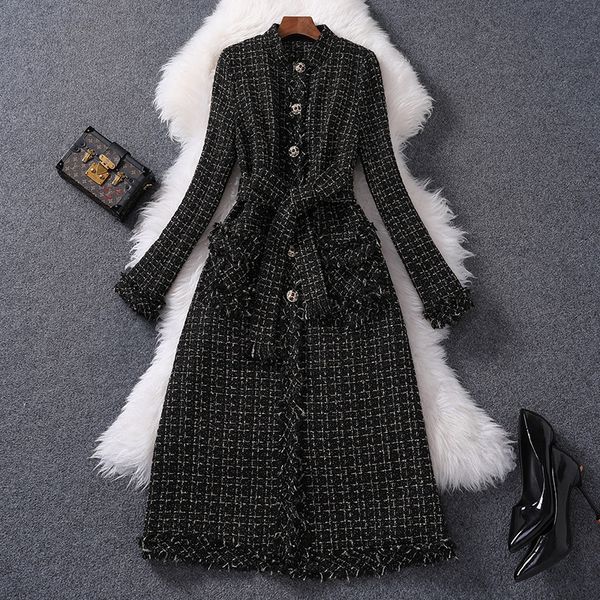 женская мода пальто плед tweed black полушерстяные jacket