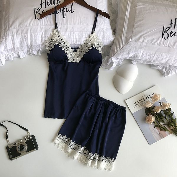 freshing summer patchwork lace pajamas with pad v-neck pajama set for women fashion sleepwear, Blue;gray
freshing summer patchwork lace pajamas with pad v-neck pajama set for women fashion sleepwear, Blue;gray