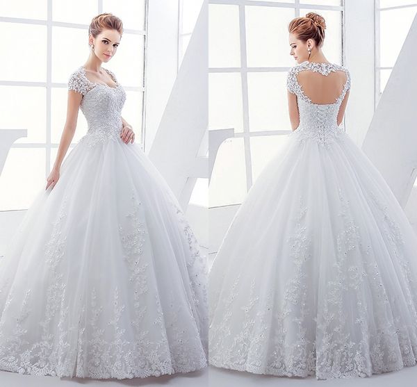2020 vintage open back short sleeve ball gown lace applique crystal beaded plus size bridal gowns new designer, White
2020 vintage open back short sleeve ball gown lace applique crystal beaded plus size bridal gowns new designer, White