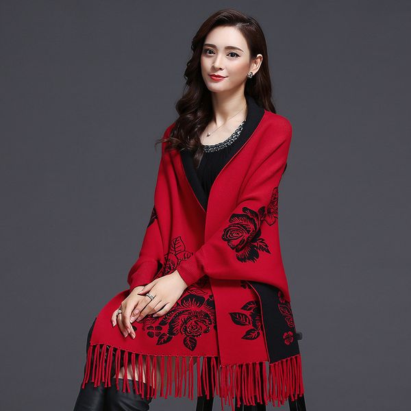 7-color women's shawl cape dual-use scarf coloful outwear autumn winter loose knit cardigan lady's sweater cloak thickened tassels, Black
7-color women's shawl cape dual-use scarf coloful outwear autumn winter loose knit cardigan lady's sweater cloak thickened tassels, Black
