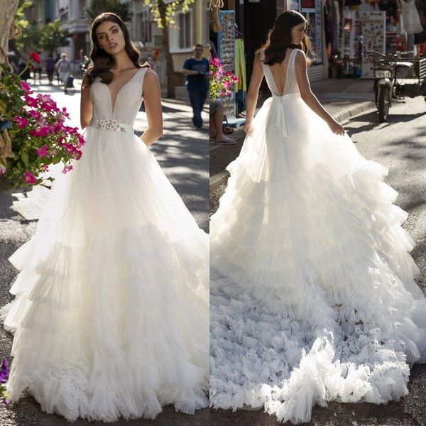 2020 riki dalal bohemian wedding dresses a line sweep train tiered skirts v neck beach wedding dress custom made backless boho bridal gowns, White
2020 riki dalal bohemian wedding dresses a line sweep train tiered skirts v neck beach wedding dress custom made backless boho bridal gowns, White
