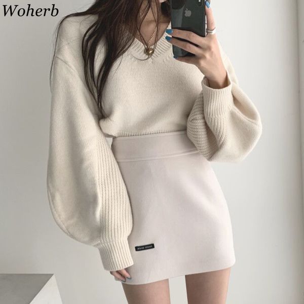 woherb elegant lantern sleeve v-neck sweater women korean split side loose pullover back bandage knitted jumper korean, White;black
woherb elegant lantern sleeve v-neck sweater women korean split side loose pullover back bandage knitted jumper korean, White;black