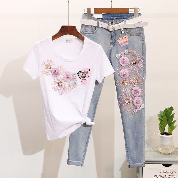 2019 new summer fashion women suit floral embroidery short sleeve t-shirt + casual hole ripped jeans pants women two pieces sets, White
2019 new summer fashion women suit floral embroidery short sleeve t-shirt + casual hole ripped jeans pants women two pieces sets, White