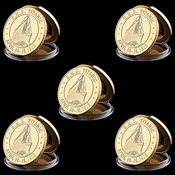 5pcs rms 100 anniversary years titanic ship sailing routes gold plated commemorative challenge coin gift art metal craft