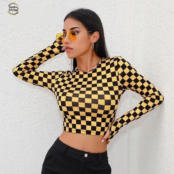 

women plaid casual t-shirt streetwear long sleeve t-shirt cropped yellow checkboard o-neck t-shirt bodycon female, White