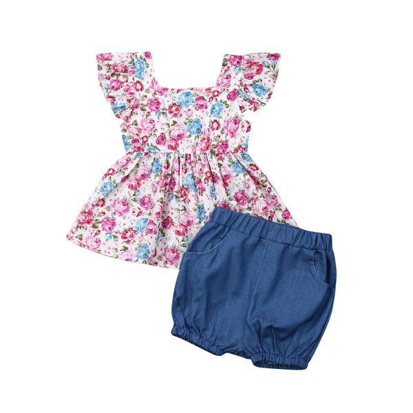 newborn kids baby girl floral outfits clothes t-shirt +pants/shorts 2pcs set, White 
newborn kids baby girl floral outfits clothes t-shirt +pants/shorts 2pcs set, White