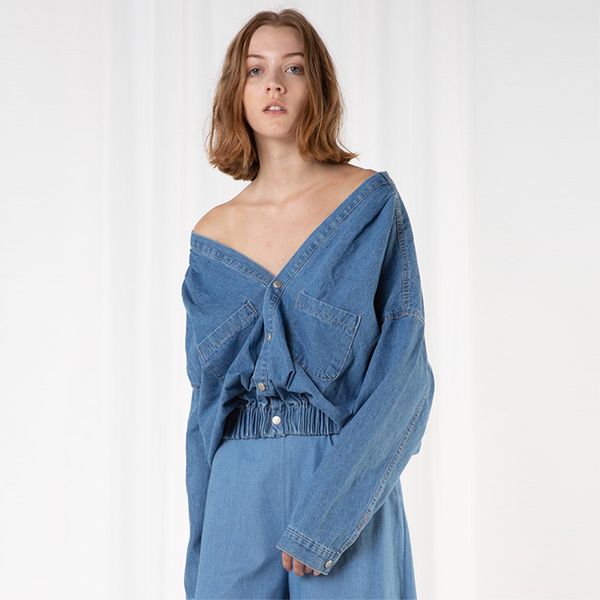 autumn spring simple deep v-hem loose tight waist shirts loose shoulder sleeve denim blue shirt blusas women, White
autumn spring simple deep v-hem loose tight waist shirts loose shoulder sleeve denim blue shirt blusas women, White