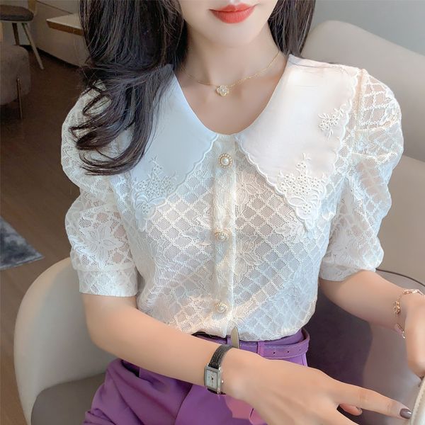 2020 summer new french lotus leaf lace stitching lace pleated top, White
2020 summer new french lotus leaf lace stitching lace pleated top, White