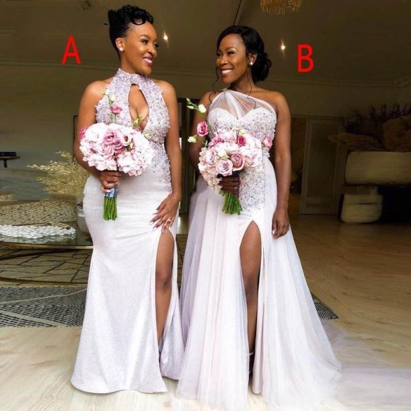 african mermaid bridesmaid dresses lace appliques beads keyhole side split sequins lace tulle wedding guest maid of honor gowns, White;pink
african mermaid bridesmaid dresses lace appliques beads keyhole side split sequins lace tulle wedding guest maid of honor gowns, White;pink