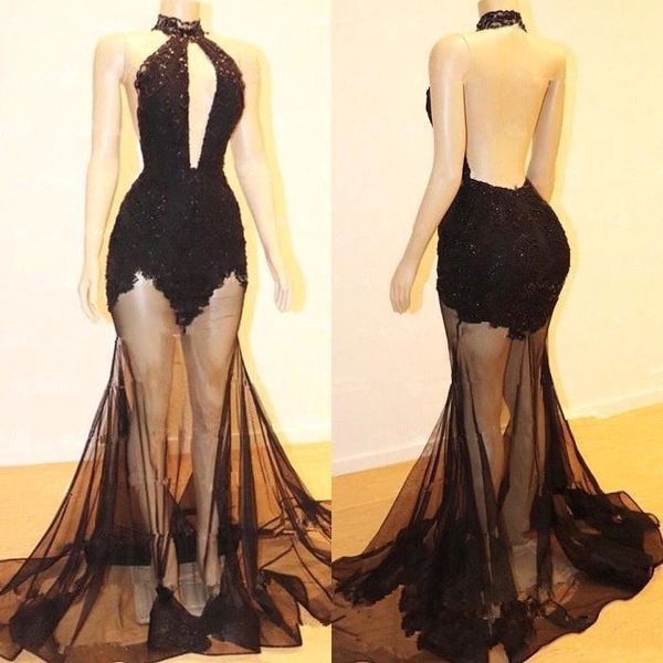 Halter Lace Black Mermaid Long Prom Dresses Tulle Applique Backless Sweep Train Party Evening Gowns Vestidos de Festa
Halter Lace Black Mermaid Long Prom Dresses Tulle Applique Backless Sweep Train Party Evening Gowns Vestidos de Festa