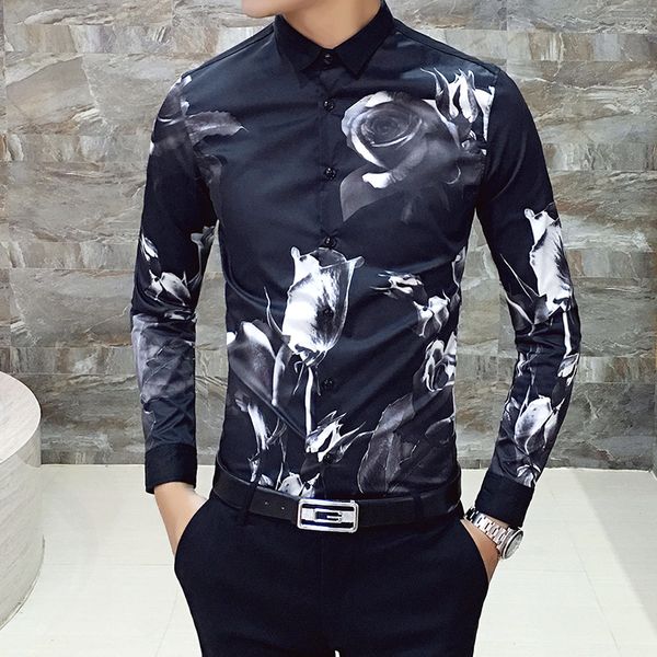 black rose pattern digital print shirt long sleeve 2019 new mens designer flower shirt men's slim party prom, White;black
black rose pattern digital print shirt long sleeve 2019 new mens designer flower shirt men's slim party prom, White;black