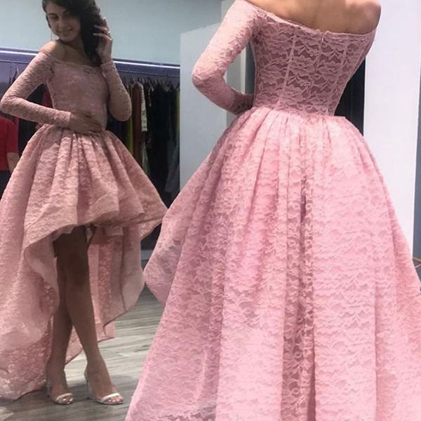 Gorgeous Hi-Lo Pink Ball Gown Prom Dresses Off Shoulder Full Lace Long Sleeves Sweep Train Dresses Evening Wear Party Gowns
Gorgeous Hi-Lo Pink Ball Gown Prom Dresses Off Shoulder Full Lace Long Sleeves Sweep Train Dresses Evening Wear Party Gowns