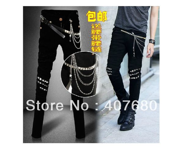 new arrival men's fashion rivet slim skinny jeans black elastic pencil slim pants tight fitting male with chain and belt, Blue
new arrival men's fashion rivet slim skinny jeans black elastic pencil slim pants tight fitting male with chain and belt, Blue