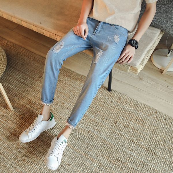 summer jeans men's new broken hole nine pants korean version slimming small feet, Blue
summer jeans men's new broken hole nine pants korean version slimming small feet, Blue
