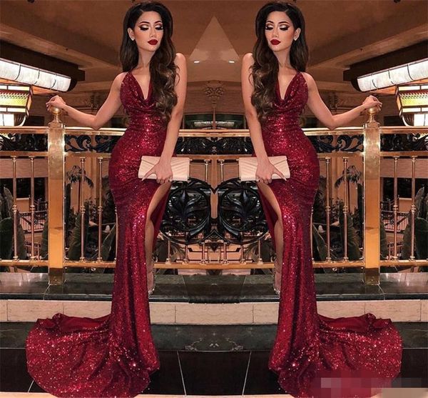 sparkly dark red sequins prom dresses deep v neck pleats ruched sweep train high slit split custom made 2019 formal evening party gowns, Black
sparkly dark red sequins prom dresses deep v neck pleats ruched sweep train high slit split custom made 2019 formal evening party gowns, Black