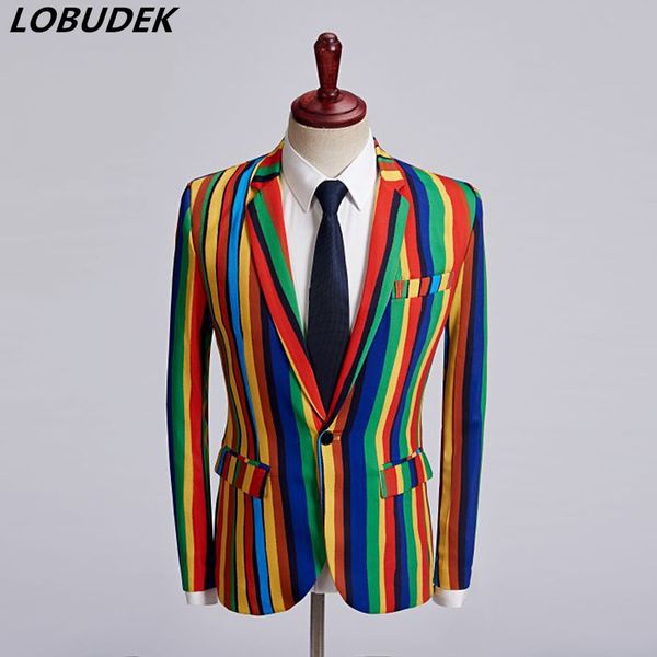 2019 spring men's casual blazers colorful stripe printing slim coat tide male singer nightclub costume host performance costume, White;black
2019 spring men's casual blazers colorful stripe printing slim coat tide male singer nightclub costume host performance costume, White;black