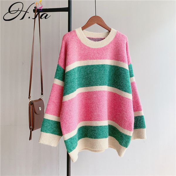 h.sa women new fashion rainbow striped pullovers round neck oversized pull sweaters lovely knit warm sweaters and pullovers, White;black
h.sa women new fashion rainbow striped pullovers round neck oversized pull sweaters lovely knit warm sweaters and pullovers, White;black