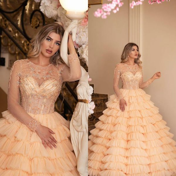 a line prom dresses jewel neck long sleeve beads appliques tiered tulle party gowns sweep train special occasion dresses, Black
a line prom dresses jewel neck long sleeve beads appliques tiered tulle party gowns sweep train special occasion dresses, Black