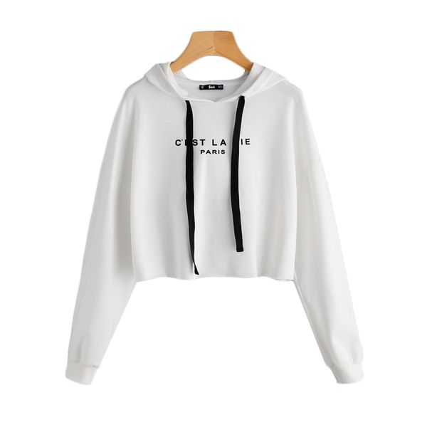 white drop shoulder raw hem crop hoodie women 's letter print long sleeve casual pullovers sweatshirt fall top, Black
white drop shoulder raw hem crop hoodie women 's letter print long sleeve casual pullovers sweatshirt fall top, Black