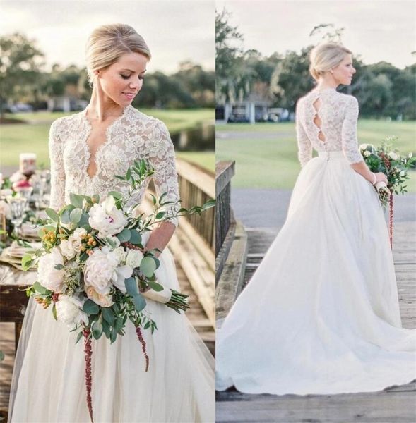 modest lace 2021 a line wedding dresses half long sleeves deep v neckline soft tulle ivory bridal gowns summer beach wedding wear, White
modest lace 2021 a line wedding dresses half long sleeves deep v neckline soft tulle ivory bridal gowns summer beach wedding wear, White