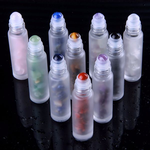 

10pcs natural semiprecious stones essential oil gemstone roller ball bottles frosted glass 10ml healing crystal chips inside