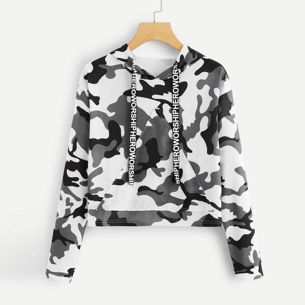 women sweatshirt hoodies long sleeve camouflage print hip streetwear hoodie sweatshirt jumper pullover blouse moletom, Black