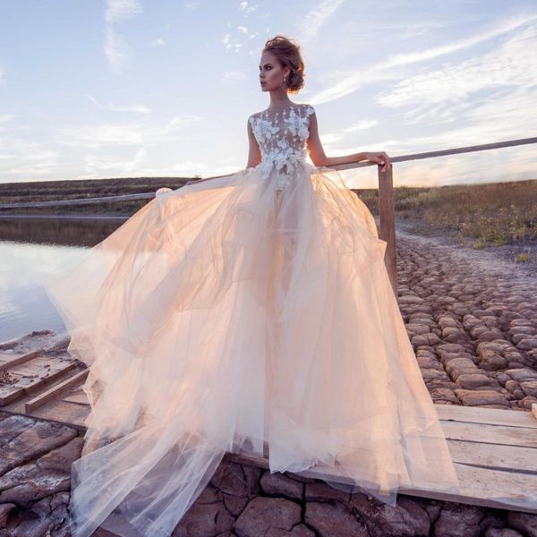 stylish beach beaded wedding dresses sheer jewel neck a line 3d appliqued bridal gowns sweep train tulle robe de mariée, White
stylish beach beaded wedding dresses sheer jewel neck a line 3d appliqued bridal gowns sweep train tulle robe de mariée, White