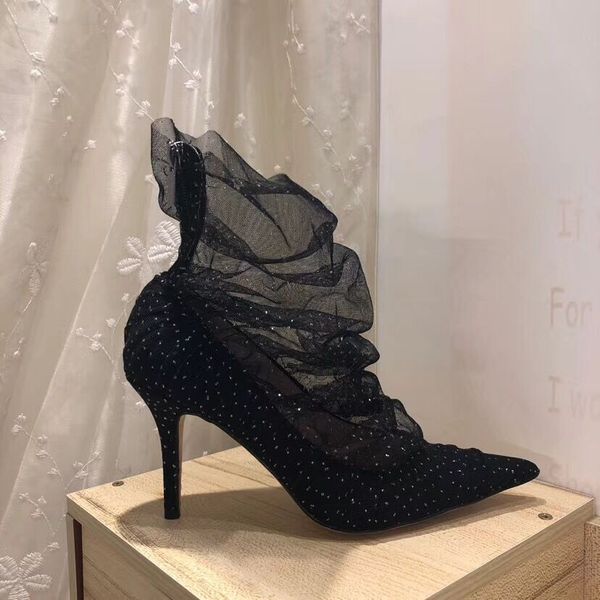 

Бесплатная доставка мода женщин насосы обувь черное кружево сетки strass точка toe ло