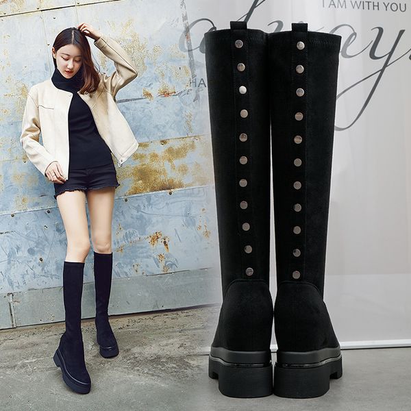 

fashion round toe flock casual women over-the-knee boots wedges slip-on solid long thigh boots high rivet platform winter shoes, Black
