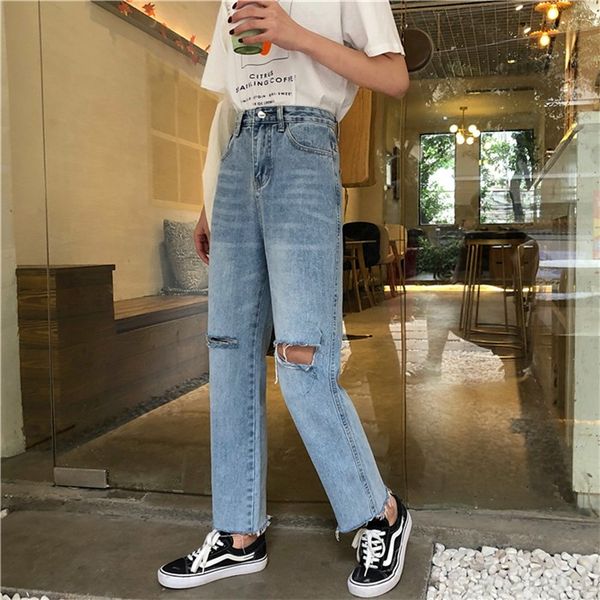 2019 ripped edge jeans korean version high waist slim personality holes do old nine points, Blue
2019 ripped edge jeans korean version high waist slim personality holes do old nine points, Blue