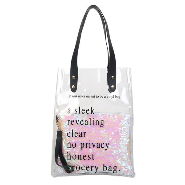 sequins transparent women's handbag fashion pvc letter printed messenger bags large capacity square beach bags ladies versatile
sequins transparent women's handbag fashion pvc letter printed messenger bags large capacity square beach bags ladies versatile