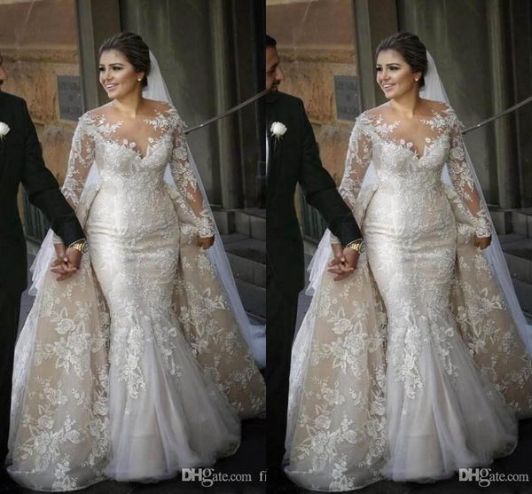 arabic dubai sheer neck long sleeves lace mermaid wedding dresses tulle applique sweep train wedding bridal gowns with over skirts vestidos, White
arabic dubai sheer neck long sleeves lace mermaid wedding dresses tulle applique sweep train wedding bridal gowns with over skirts vestidos, White