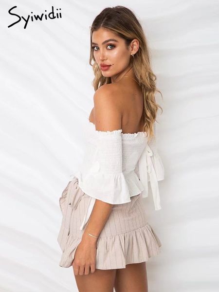 off shoulder blouses slash neck backless summer women blouses party night club elastic bust bow sleeve lace up shirts, White
off shoulder blouses slash neck backless summer women blouses party night club elastic bust bow sleeve lace up shirts, White