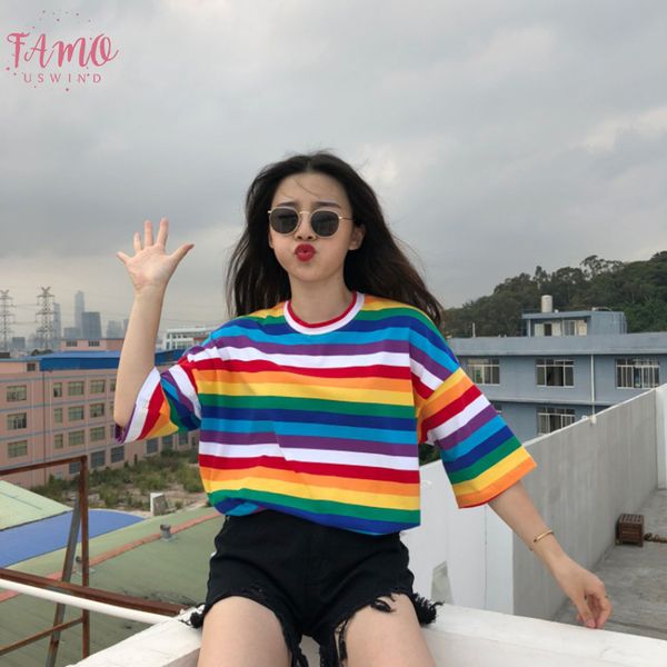 korean rainbow striped girls fashion new women t shirt harajuku plus size summer tee 2019 round neck camiseta mujer, White
korean rainbow striped girls fashion new women t shirt harajuku plus size summer tee 2019 round neck camiseta mujer, White