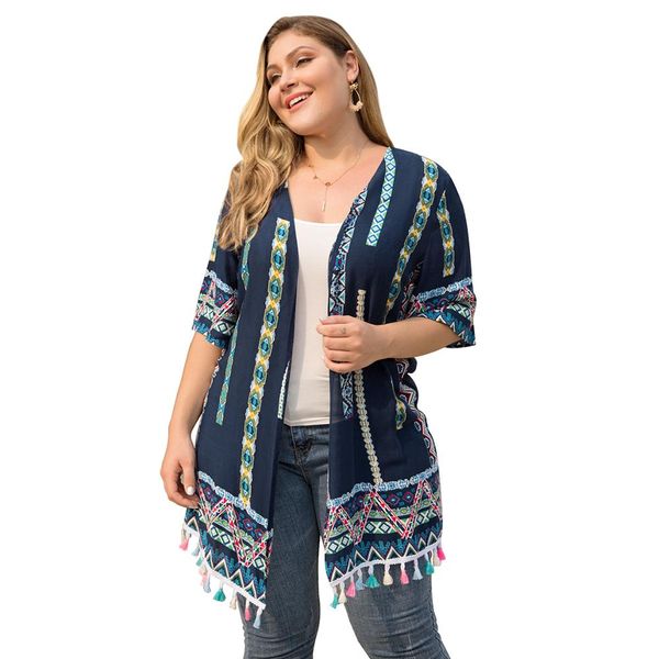 fringed lace stitching position print jacket coat mid sleeves holiday europe and america large size women's casual cardigan coat, Black;brown
fringed lace stitching position print jacket coat mid sleeves holiday europe and america large size women's casual cardigan coat, Black;brown