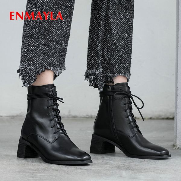 enmayla 2020 lace-up genuine leather motorcycle boots square heel boots round toe women winter shoes short plush ankle, Black
enmayla 2020 lace-up genuine leather motorcycle boots square heel boots round toe women winter shoes short plush ankle, Black